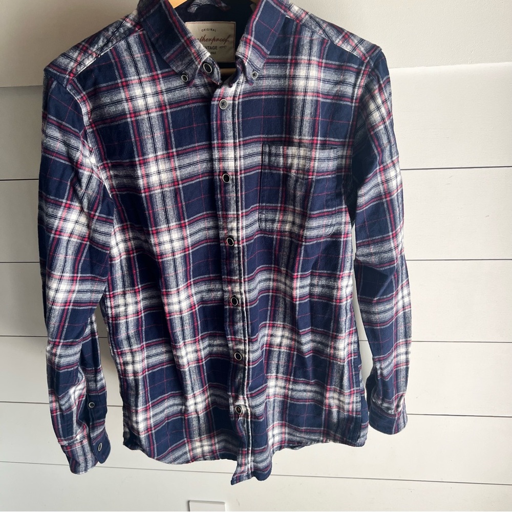 Weatherproof Men's Navy Blue and Red Plaid Flannel Shirt Size Small